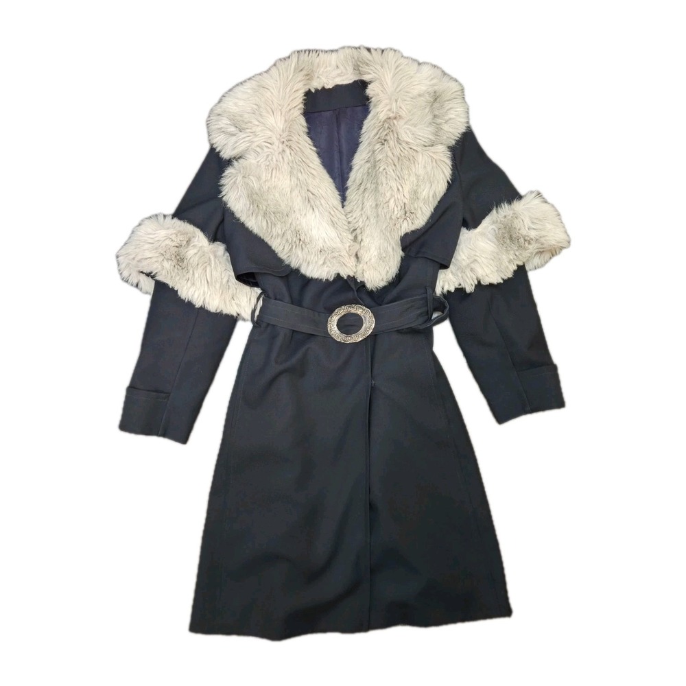 Vintage Juli De Roma Faux Fur Navy Blue Coat With Removable Top 2 Piece Size S/M